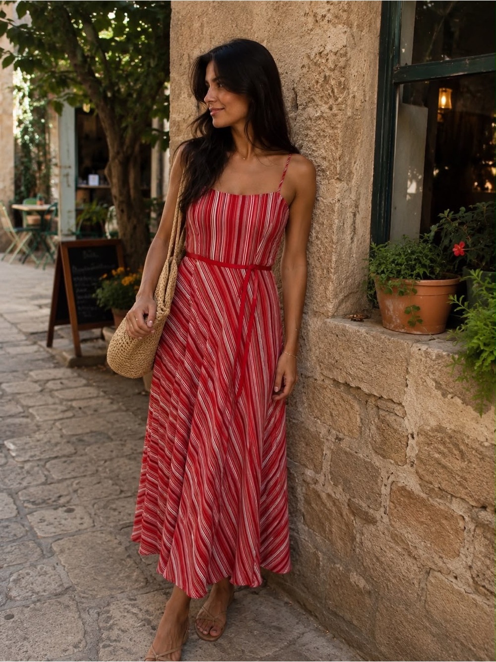 CDC Red and White Striped Spaghetti-Strap Midi Dress size 4 lined side zip casua